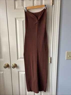 Brown Twist-Front Strapless Maxi Dress